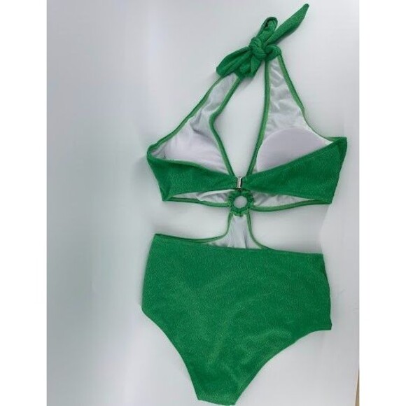 Shein One Piece Bathing Suit Side Cutouts Green Textured 1XL Halter - Picture 6 of 7